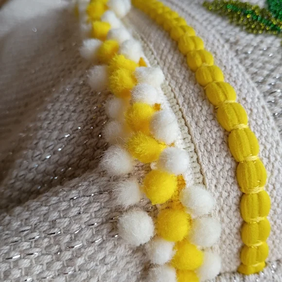 NEW America & Beyond Beaded Lemon Pom Pom Woven Cotton Summer Travel Beach Tote - Picture 7 of 16